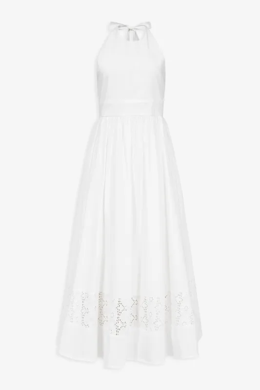 White halter cotton dress with embroidered hem detail made by DESTREE
