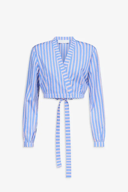 Red and blue striped bow-tie cropped shirt made by DESTREE