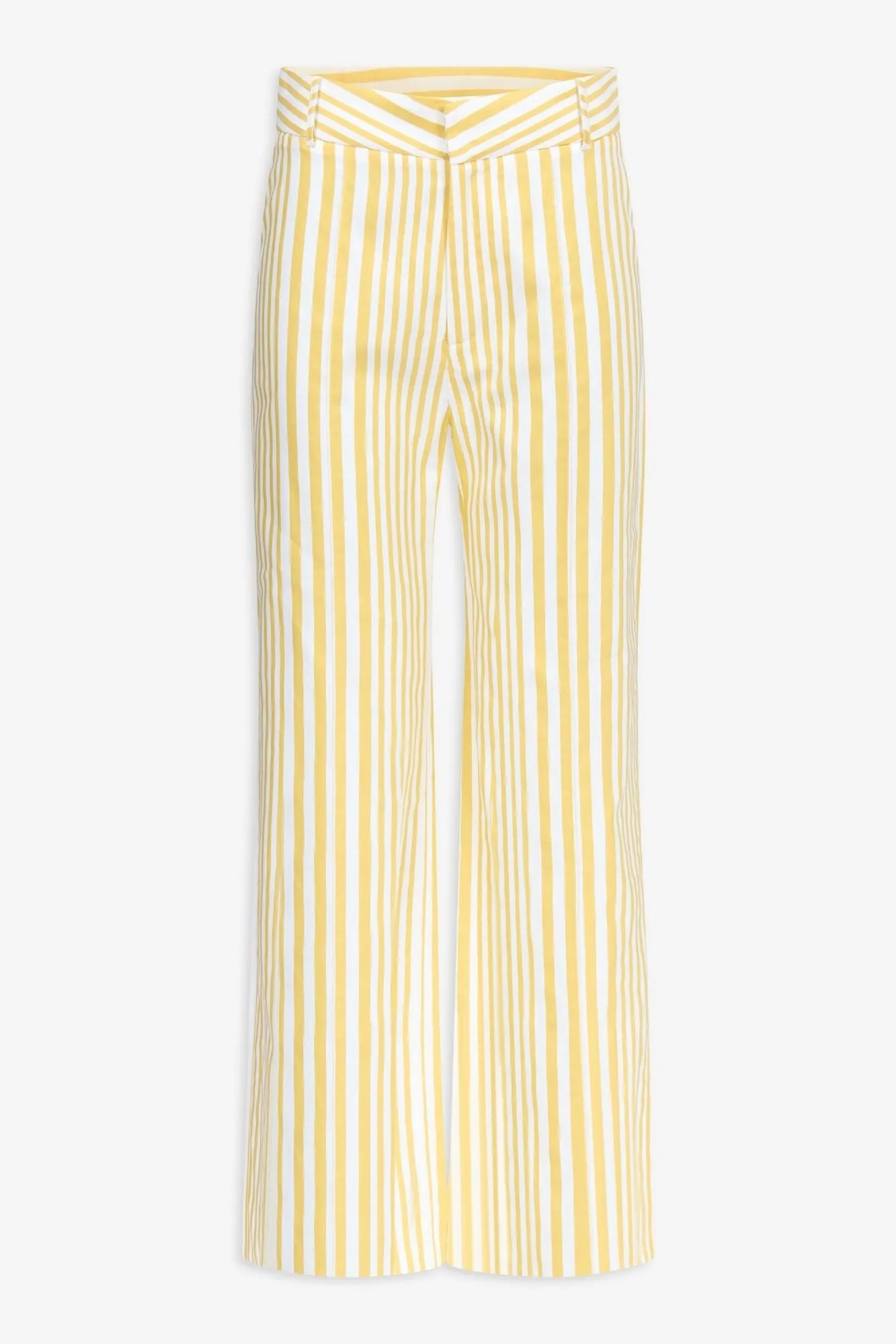 Yellow and white striped wide-leg trousers sold by DESTREE