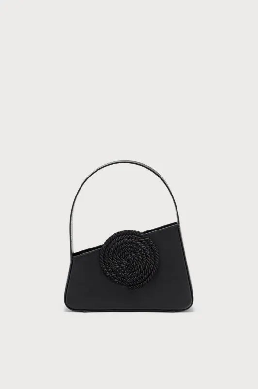 Black asymmetric mini leather bag with passementerie detail sold by DESTREE