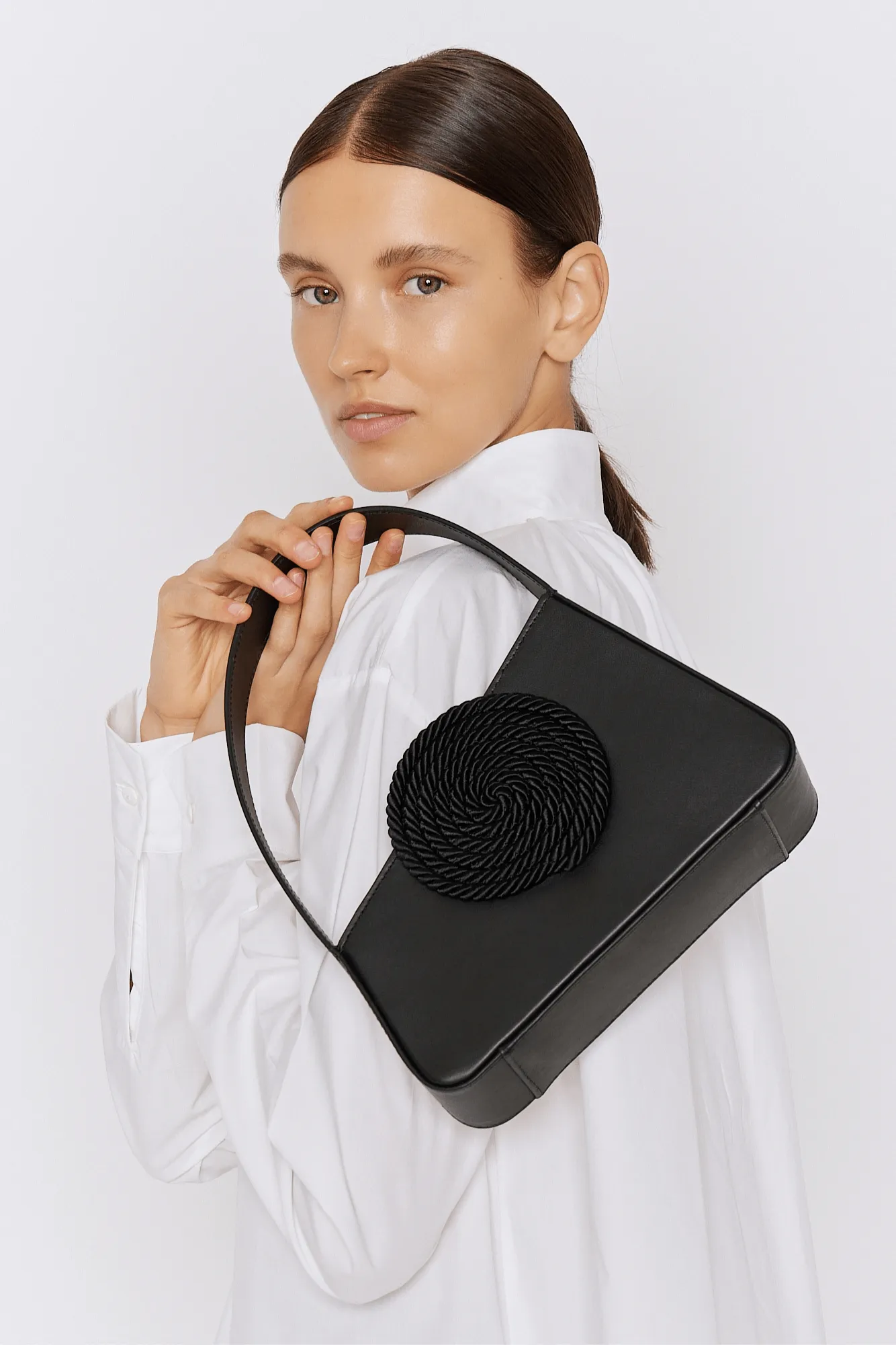 Black asymmetric mini leather bag with passementerie detail sold by DESTREE product image thumbnail 2