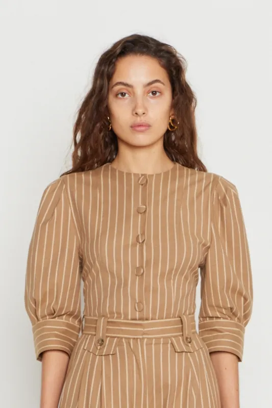 Warm Sand Striped Blouse with Puff Sleeves sold by DESTREE