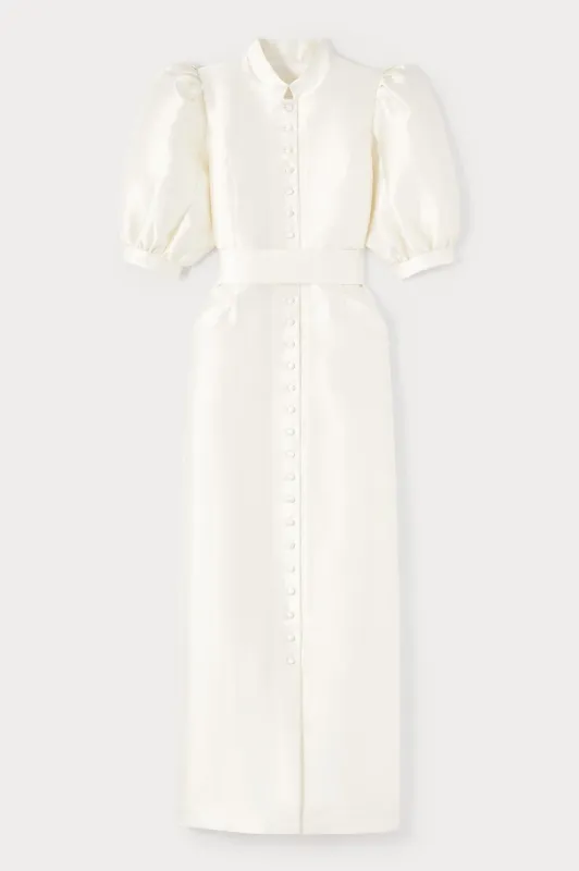 White satin puff sleeve long dress sold by DESTREE