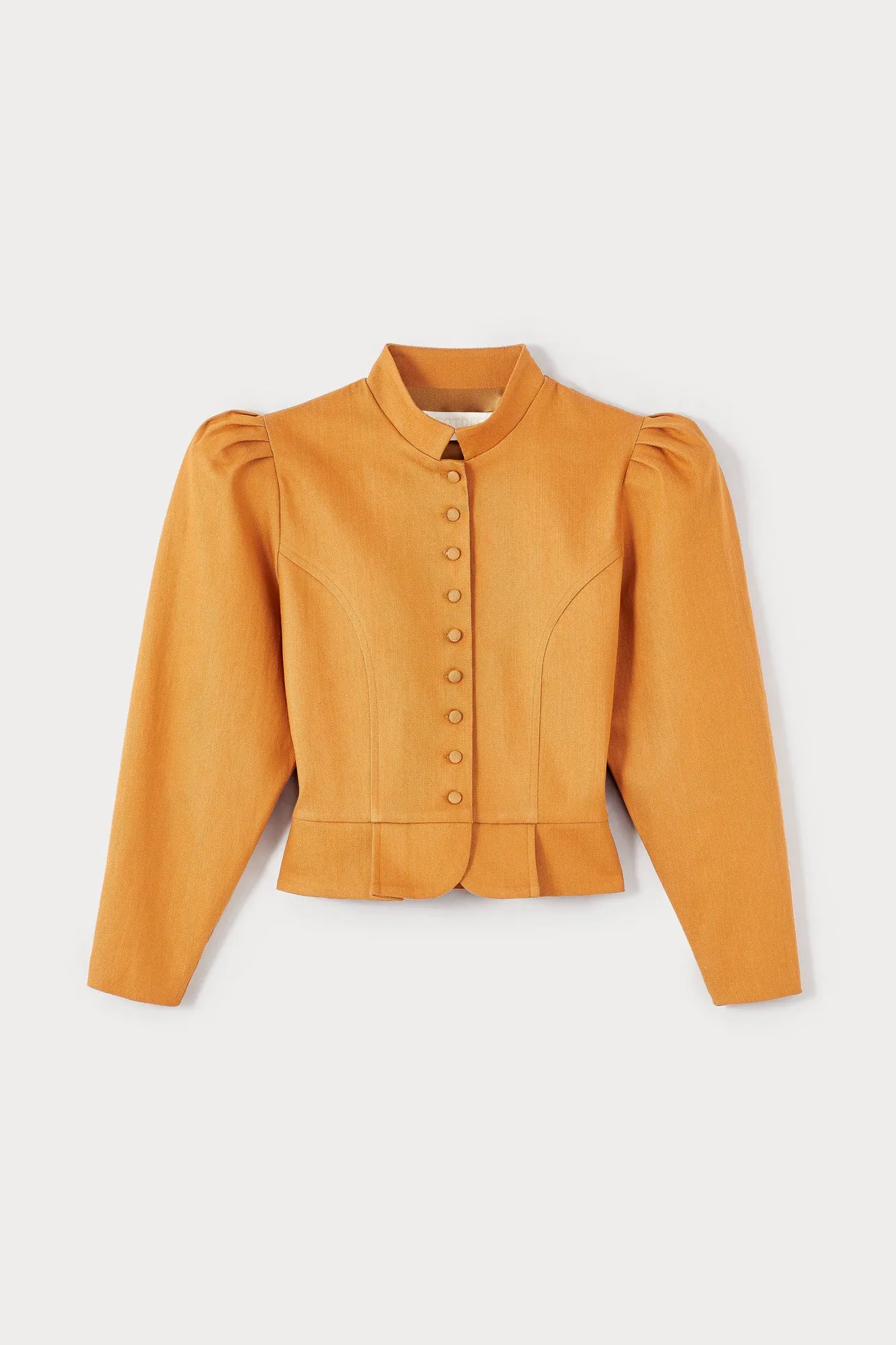 Orange denim puff sleeve jacket sold by DESTREE