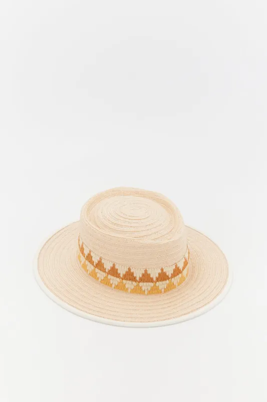Beige straw hat with geometric details sold by DESTREE