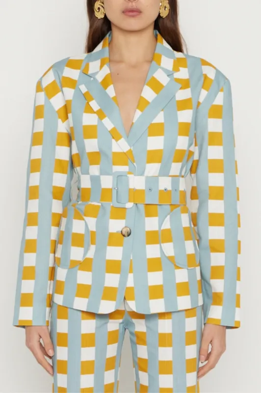 Checker print wool belted blazer made by DESTREE
