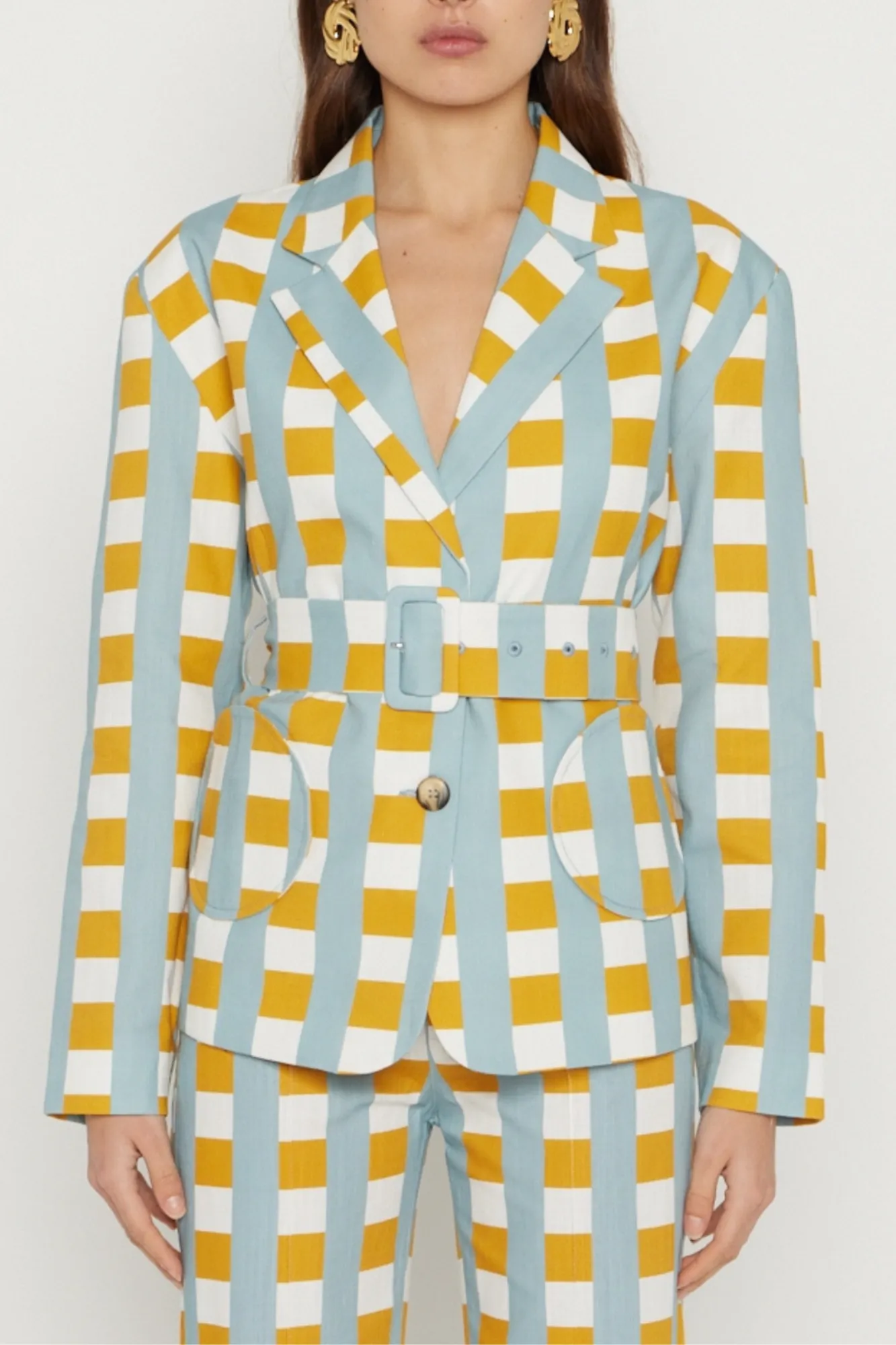 Checker print wool belted blazer sold by DESTREE