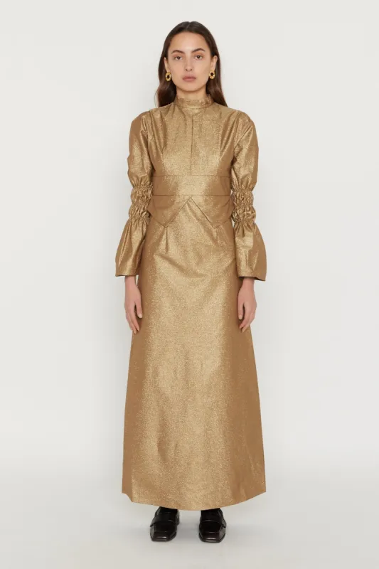 Gold maxi dress with gathered sleeves sold by DESTREE