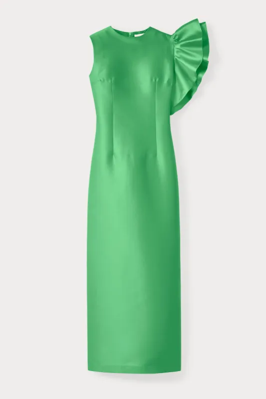 Apple green satin dress with asymmetric ruffle detail sold by DESTREE