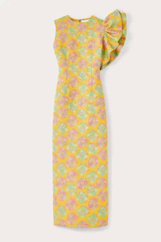 Floral midi dress with asymmetric ruffle detail sold by DESTREE