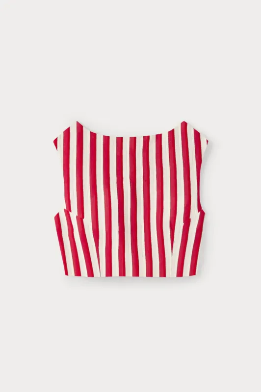 Red & ecru stripe crop top sold by DESTREE