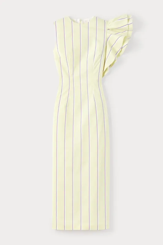 Pale yellow & lilac striped dress with asymmetric ruffle detail sold by DESTREE