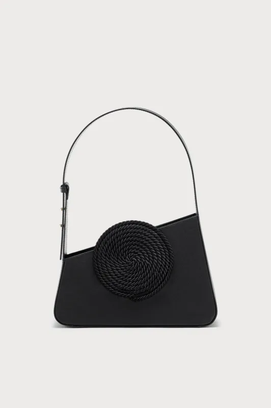 Black asymmetric leather bag with passementerie detail sold by DESTREE
