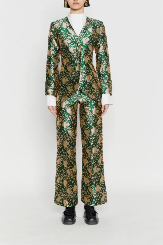 Beige & Forest Satin Jacquard Flared Pants sold by DESTREE