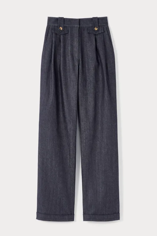 Dark denim high-waisted trousers sold by DESTREE