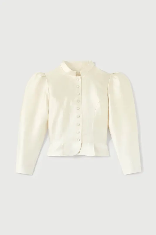 White satin puff sleeve jacket sold by DESTREE