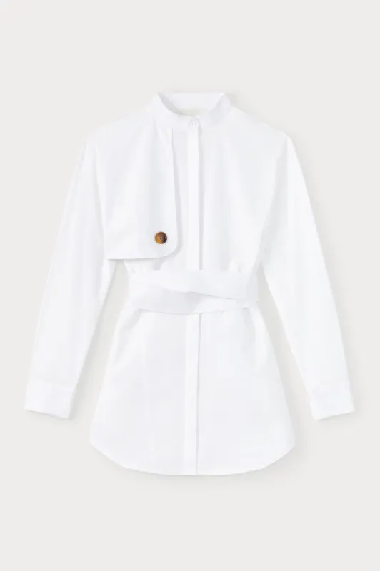 White popelin short dress with sleeve & button detail sold by DESTREE