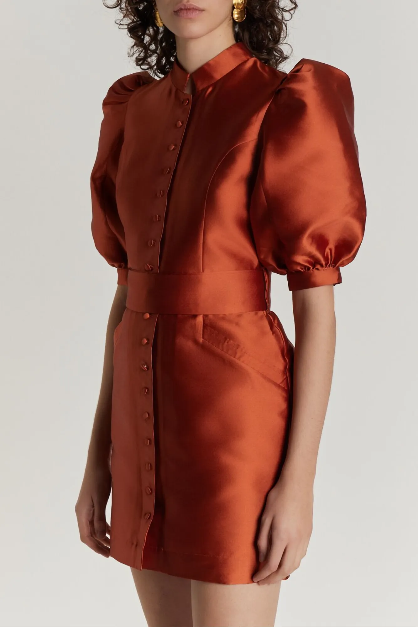 Terracotta satin puff sleeve short dress sold by DESTREE product image thumbnail 3