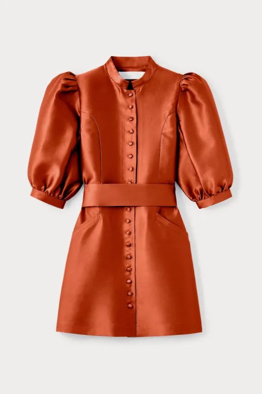 Terracotta satin puff sleeve short dress sold by DESTREE