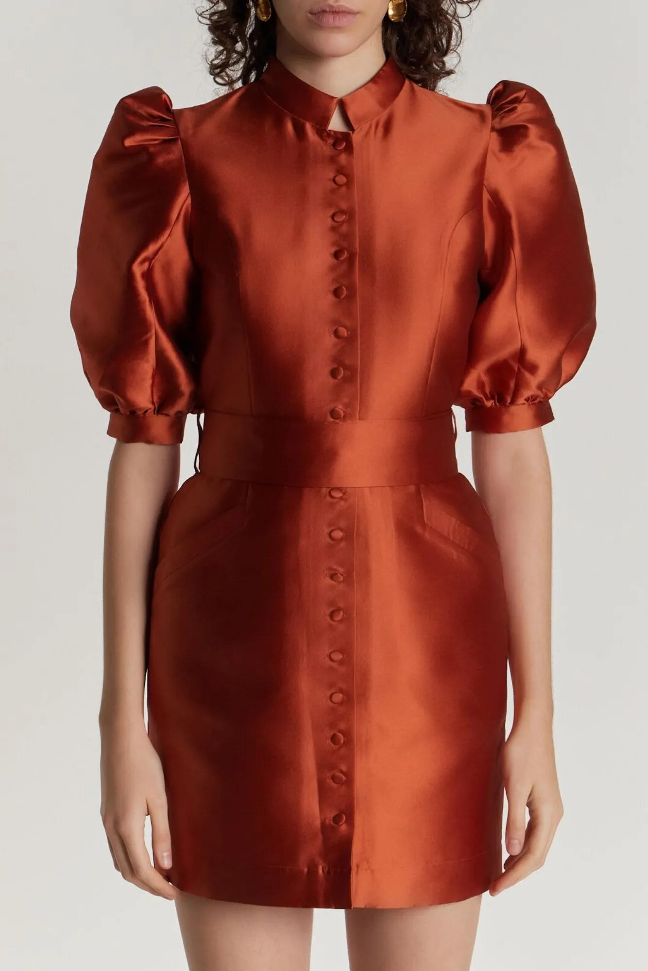 Terracotta satin puff sleeve short dress sold by DESTREE product image thumbnail 2