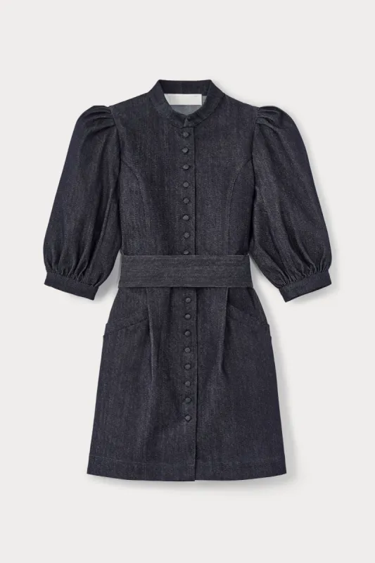 Dark denim puff sleeve short dress sold by DESTREE
