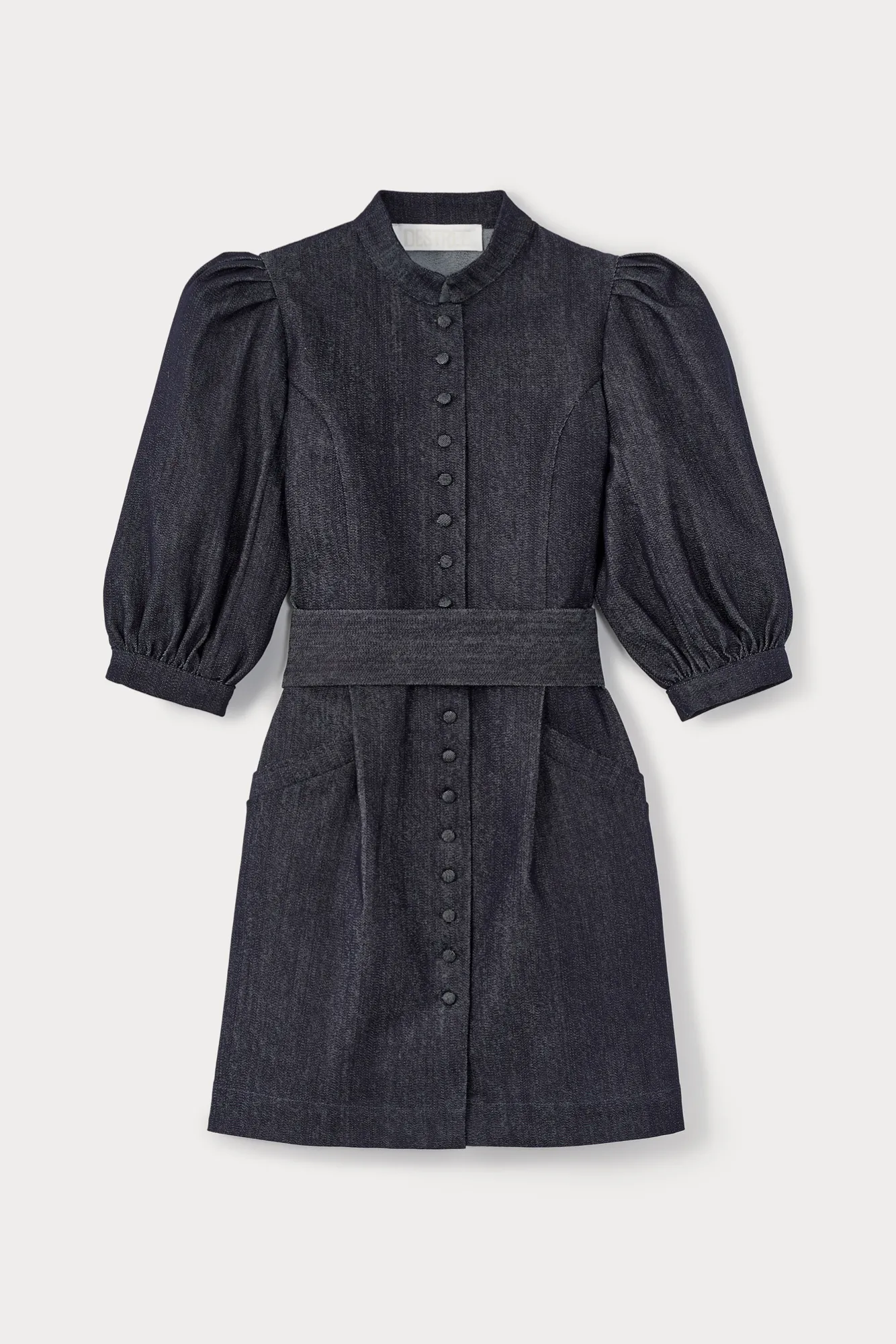 Dark denim puff sleeve short dress sold by DESTREE