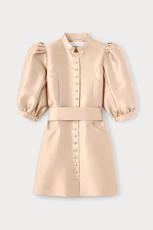 Nude satin puff sleeve short dress sold by DESTREE