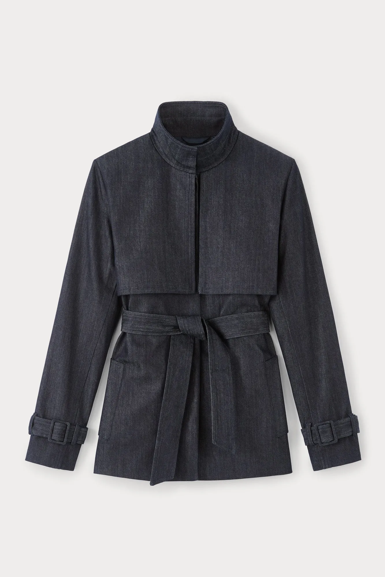 Dark denim short trench coat with belted cuffs sold by DESTREE