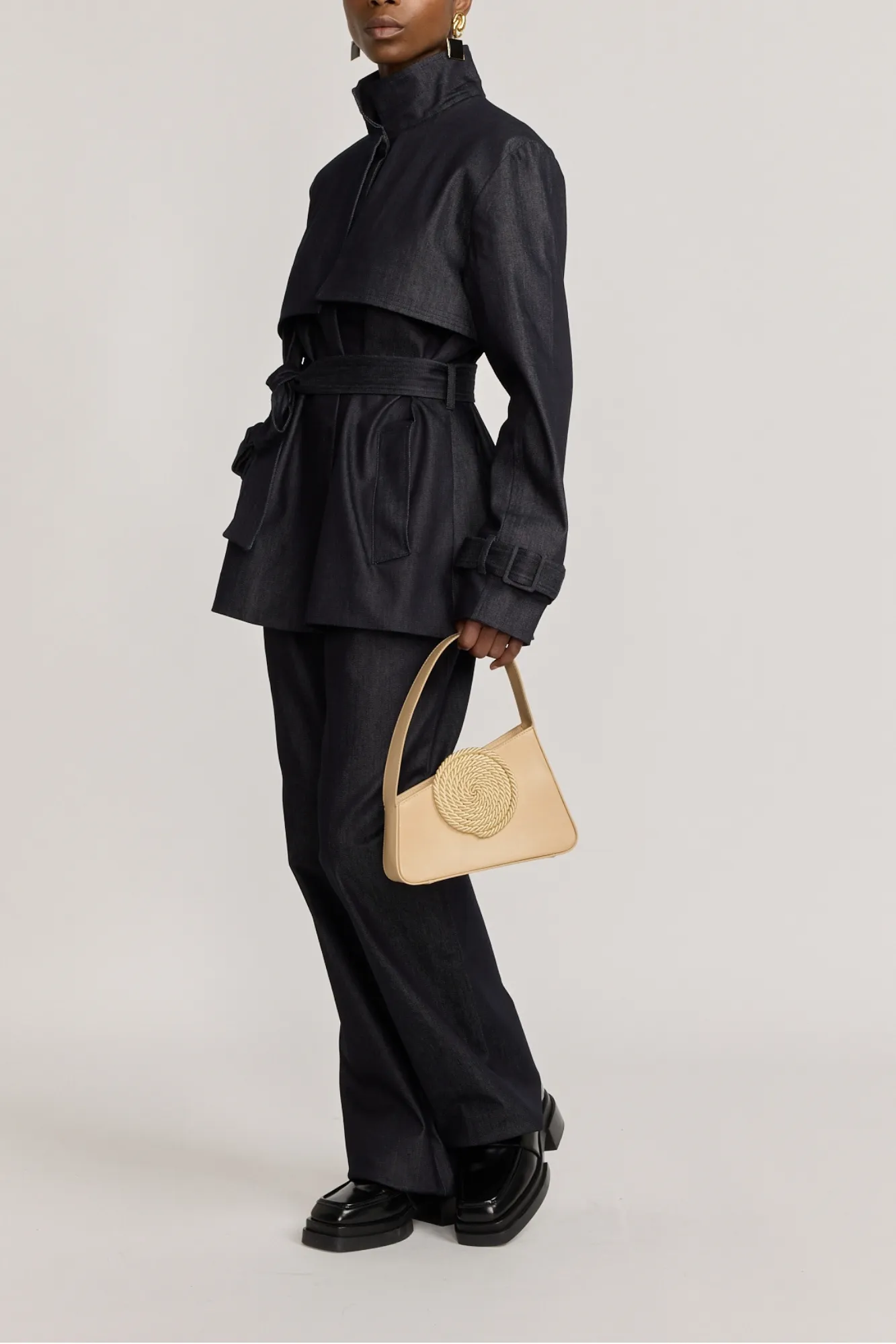 Dark denim short trench coat with belted cuffs sold by DESTREE product image thumbnail 2