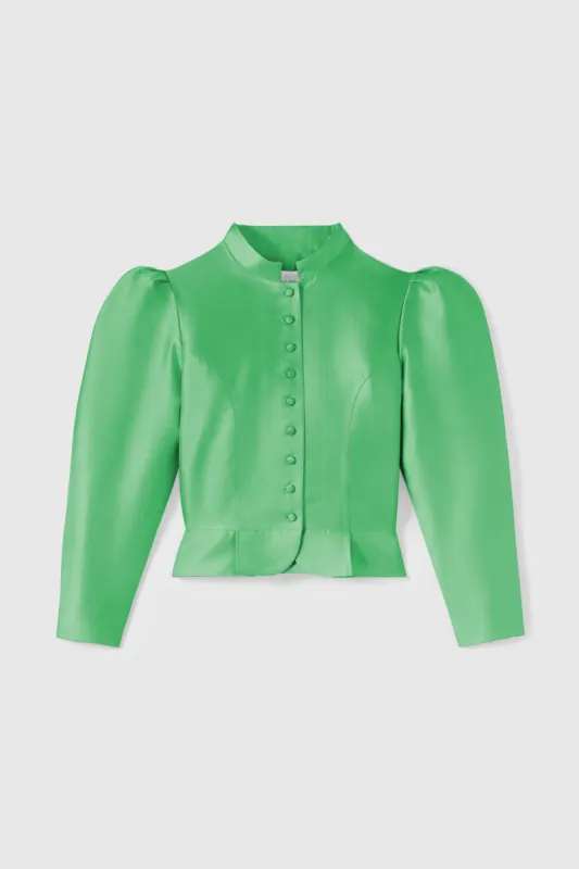 Apple green satin puff sleeve jacket sold by DESTREE