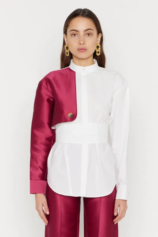 White Shirt with Fuschia Satin Sleeve sold by DESTREE