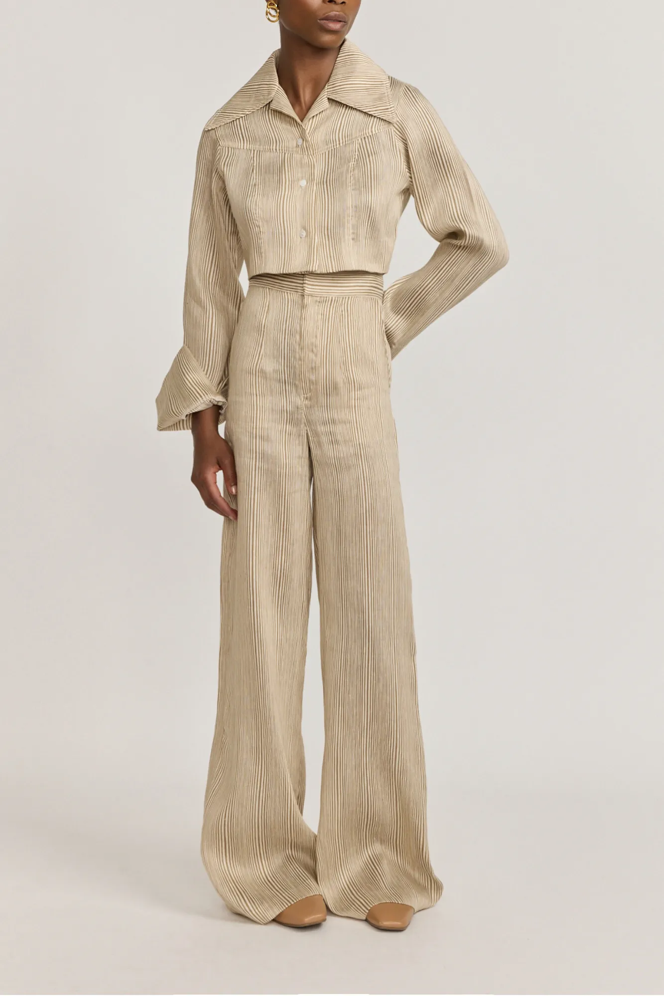 Beige striped cropped shirt sold by DESTREE product image thumbnail 2