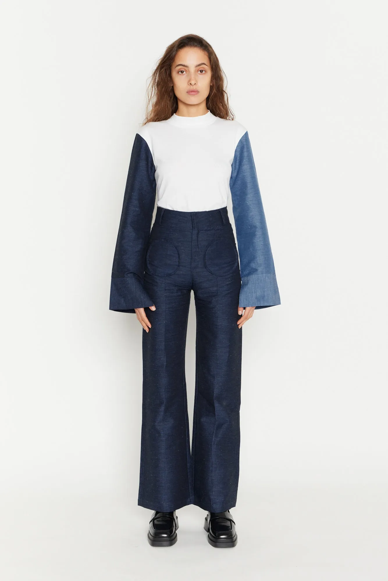 White Long-Sleeve Top with Denim Blue Sleeves sold by DESTREE product image thumbnail 2