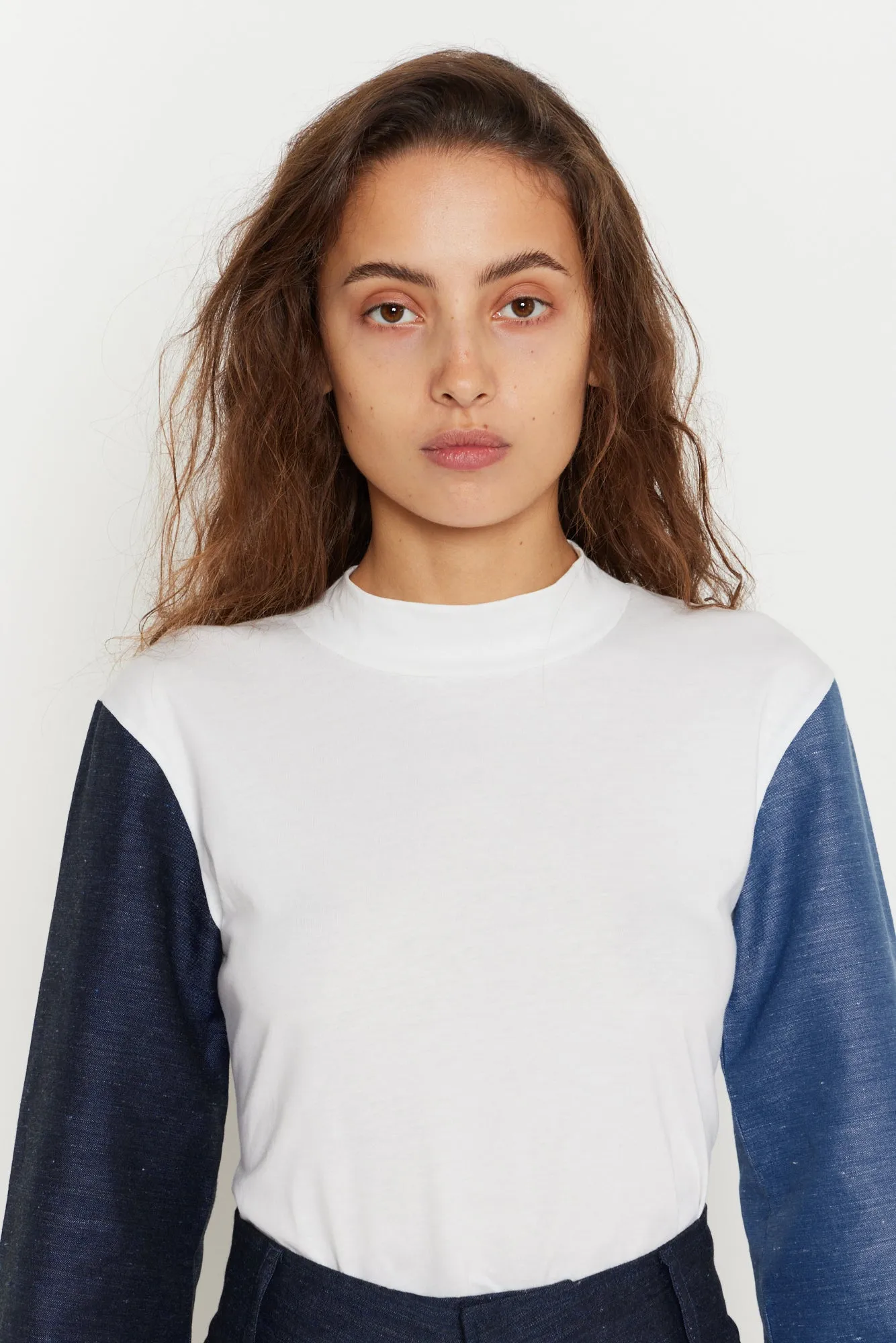White Long-Sleeve Top with Denim Blue Sleeves sold by DESTREE