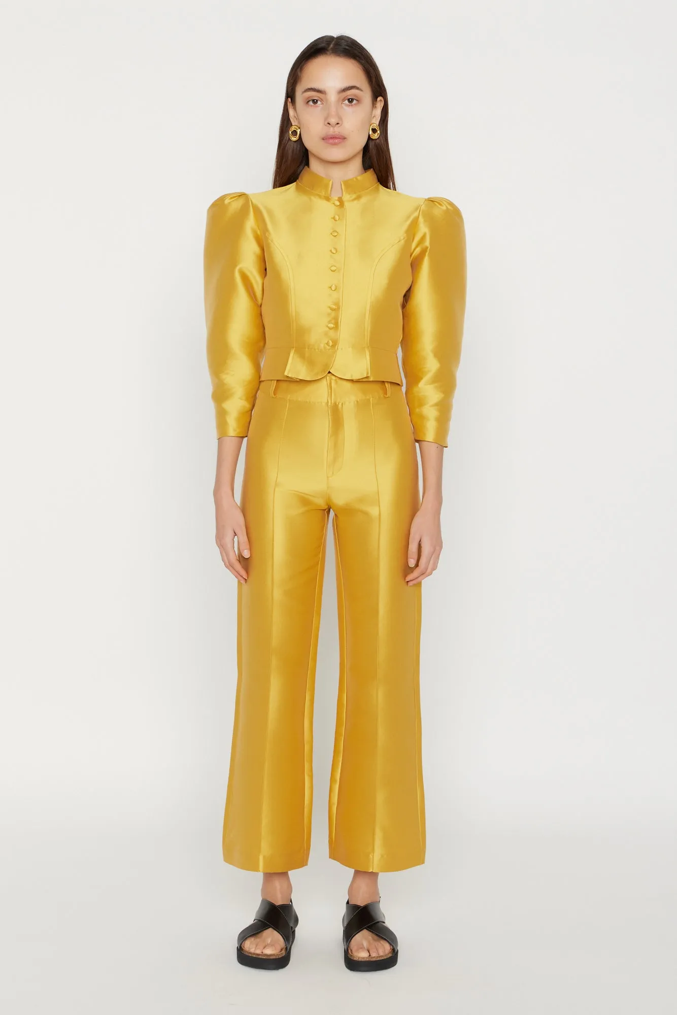 Yellow satin puff sleeve jacket sold by DESTREE product image thumbnail 2