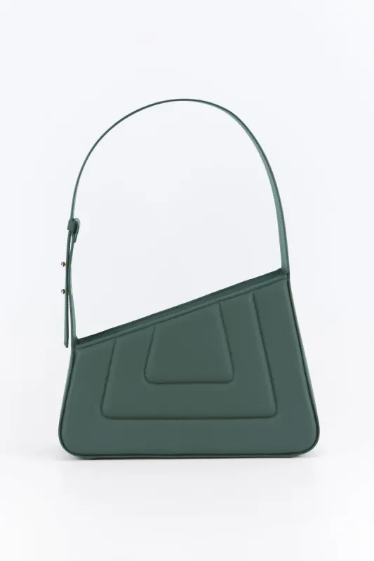 Forest green asymmetric leather quilted bag sold by DESTREE