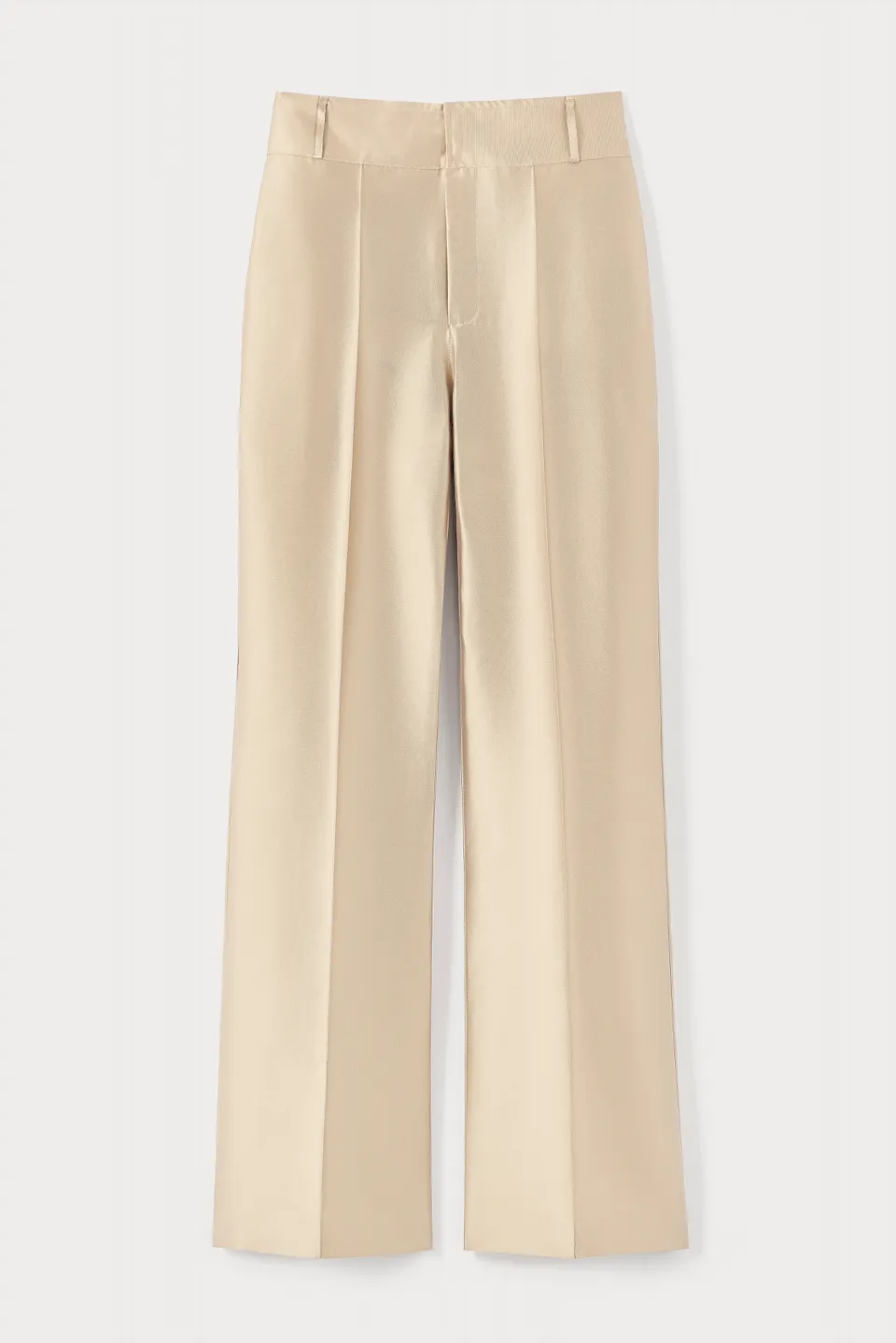 Beige satin straight pants sold by DESTREE