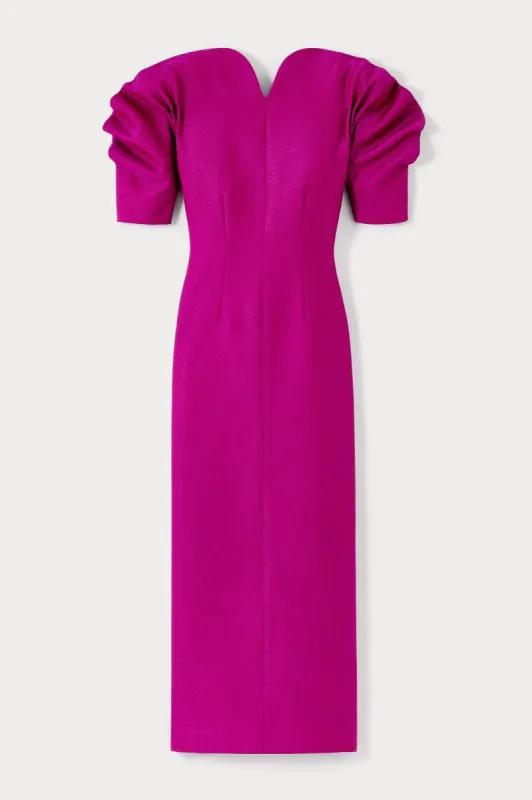 Fuschia sweetheart neckline long crepe dress with puff sleeves sold by DESTREE