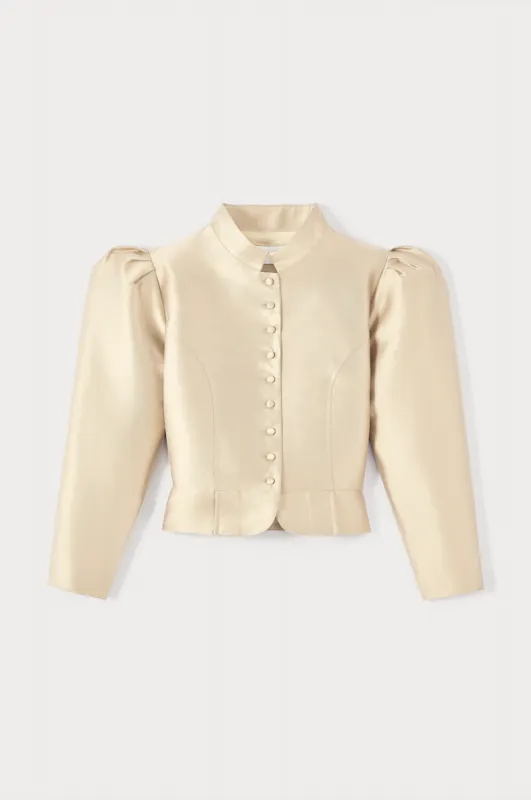 Beige satin puff sleeve jacket sold by DESTREE