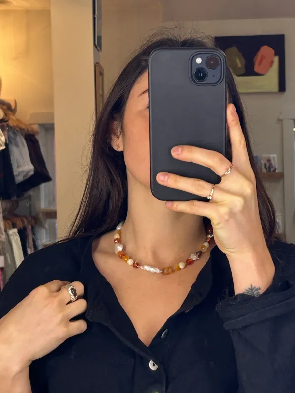 Earthy Tones & Pearl Beaded Necklace sold by Merge Curated goods