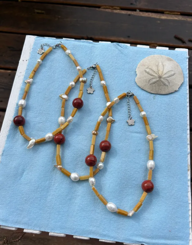 Orange Jade & Pearls Beaded Necklace made by Merge Curated goods