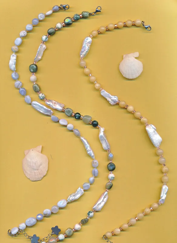 Green Agathe & Fresh Water Baroque Pearls Necklace made by Merge Curated goods