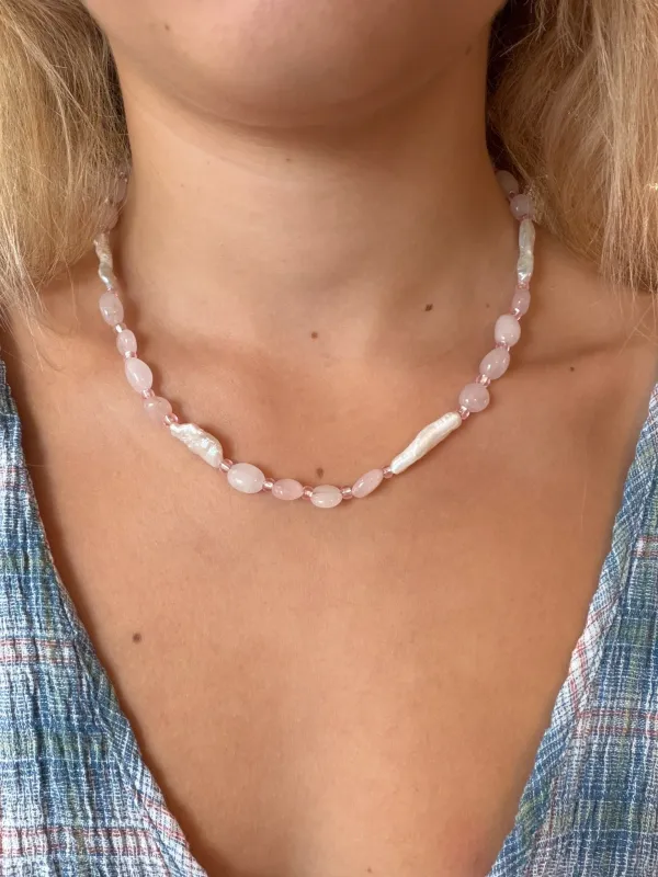 Pink Quartz & Fresh Water Baroque Pearls Necklace made by Merge Curated goods