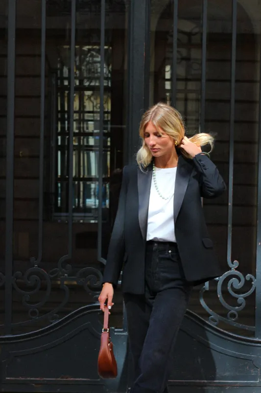 Veste Smoking Lauren Grain de Poudre Laine Col Satin Noir sold by Facettes Studio