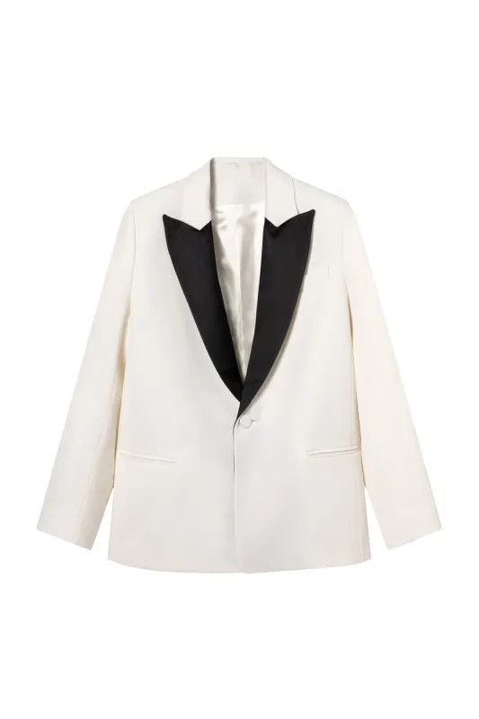 Veste Smoking Diana Gabardine Laine Blanc Cassé Col Satin Noir - Version Imparfaite sold by Facettes Studio