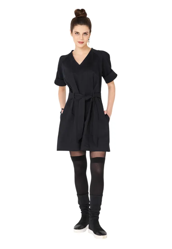 Navy Short Sleeve Cotton V-Neck Tie-Waist Short Casual Jumpsuit ANGELA sold by MONOSUIT