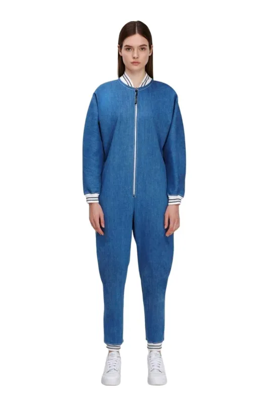 Blue Long Sleeve Casual Zip-Up Bomber Jumpsuit sold by MONOSUIT