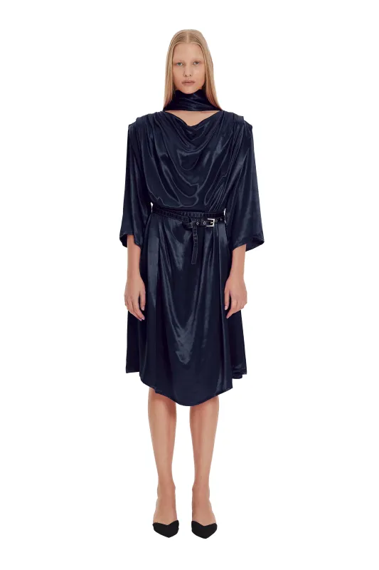 Navy 3/4 Sleeve High Neck Cut-Out Draped Belted Satin Loose Fit Casual Midi Dress sold by MONOSUIT