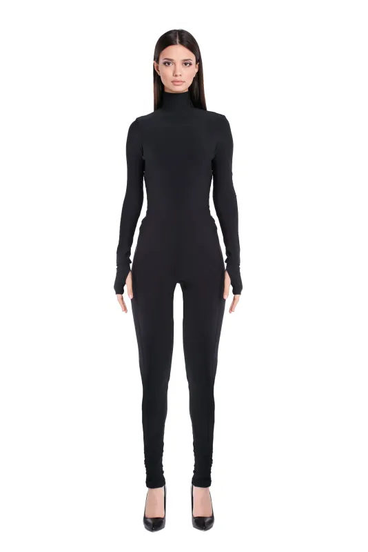 Backless Long Sleeve Turtleneck Bodysuit Cosmic Chic Black made by MONOSUIT