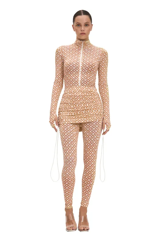 Set Beige Long Sleeve Turtleneck Full Bodysuit & Beige Teeny-Tiny Skirt made by MONOSUIT
